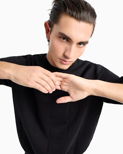 Armani Exchange Men's Stretch Cotton Pullover Sweater with Rectangular Grid and Stacked Ax Logo2