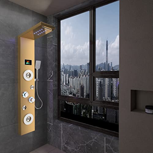 Ello&Allo Led Rainfall Waterfall Shower Head Rain Massage System With Body Jets Stainless Steel Bathroom Shower Panel Tower System, Brushed Gold #TOP1