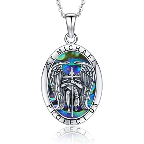 HUKKUN St Michael Necklace for Men Sterling Silver Abalone Archangel Michael Pendant Necklace Fathers Day Gift Cover