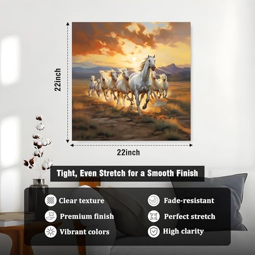 Image of 7 White Running Horses Wall Art Painting For Living Room, Vastu Abstract Landscape Stretched Canvas Wall Art Poster for Living Room, Office & Home Decor (55x55 cm)