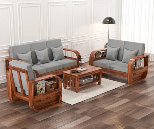 Image of Wopno Furniture Sheesham Wooden 6 Seater Sofa Set for Living Room | Solid Wood Sofa | Rosewood Sofa Set for Home & Office | Lounge (Honey,Grey,3+2+1 Seater)