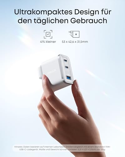Anker Nano 70W USB C Ladegerät, Laptop Ladegerät, 3-Port-Netzteil mit 70W schnellladegerät, kompakt & stylisch, für iPhone 17/Pro/Pro Max/iPhone Air/16/15, MacBook Air, iPad, Pixel, Galaxy und mehr