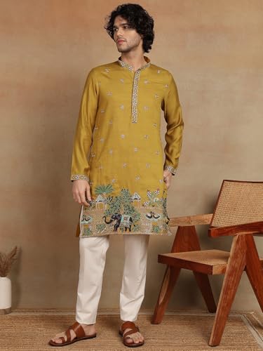 Image of Amazon Brand - Tavasya Men Printed Kurta with Ethnic Motif Border | Special Haldi Kurta | Festive Embellished Long Kurta | Embroidery Kurta | Ethnic Wear | Mandarin Collar | Knee Length