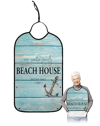 Summer Beach Anchor Nautical Adult Bibs for Eating, Waterproof Bibs with Food Catcher & Adjustable Snap Closure, Ocean Coastal Teal Wooden Washable Clothing Protectors Adult Bibs for Elderly Women/Men