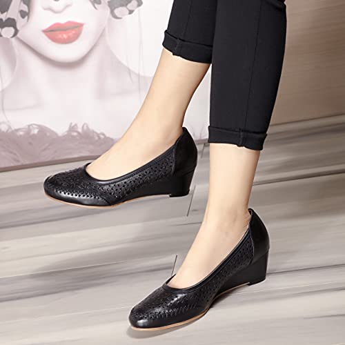 Image of Mona flying Women's Leather Closed Toe Mid Heel Wedges Comfy Dress Pumps