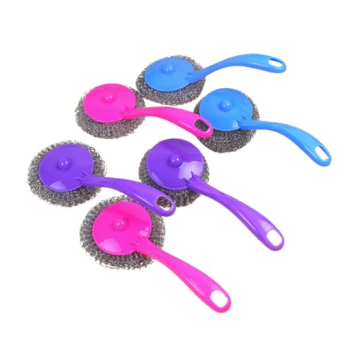 Didiseaon 12pcs Metal Scouring Pads with Long Handle Brush Dish Scrubber for Pots Oven BBQ Grills Random Color