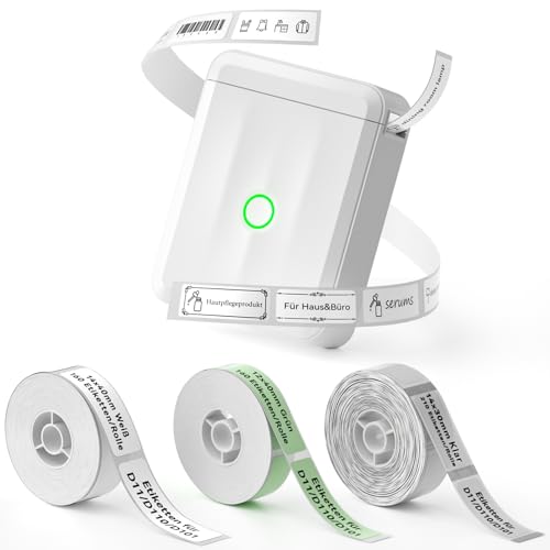 NIIMBOT D110 Mini Etikettendrucker mit 3 Etikettenrollen, D110 Upgrade Selbstklebend Etikettiergerät Beschriftungsgerät, Bluetooth Label Printer Sticker Drucker, Geeignet für Zuhause Schule, Weiß