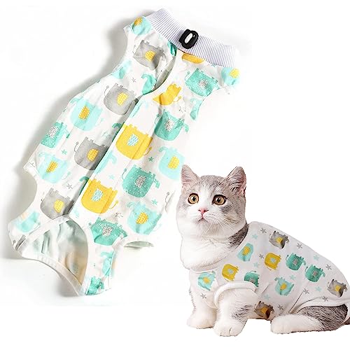 Cat Professional Recovery Suit for Abdominal Wounds or Skin Diseases, E-Collar Alternative for Cats and Dogs, After Surgery Wear, Pajama Suit (Elephant Pattern, S)