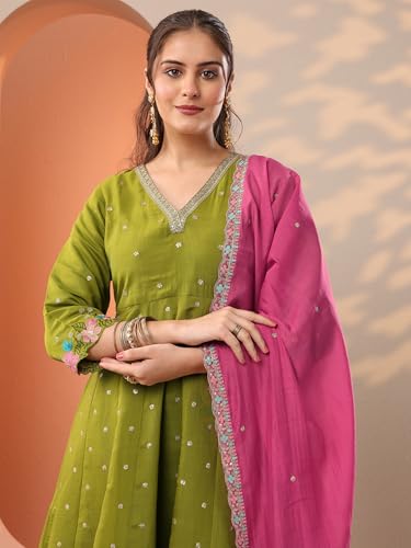 Image of Libas Embroidered Silk Blend Anarkali Kurta With Trouser and Dupatta