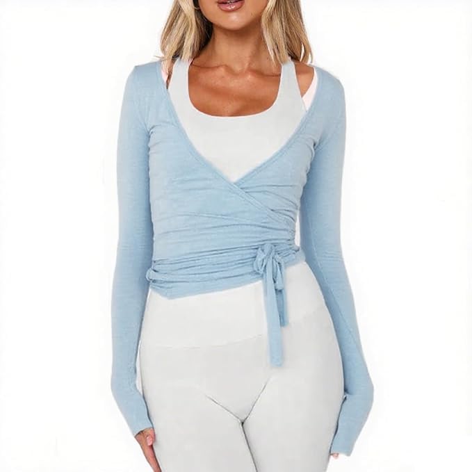 Image of Womens Slim Fit Tie Front Open Front Wrap Long Sleeve T Shirt Y2K Ballet Going Out Cardigan Aesthetic Casual Tops
