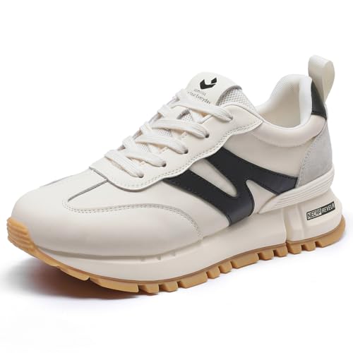 somiliss Sneakers for Women Genuine Leather Suede Patchwork Casual Lace Up Non-Slip Walking Shoes Comfortable Tennis Running Shoes Womens Fashion Sneakers 9.5 Black