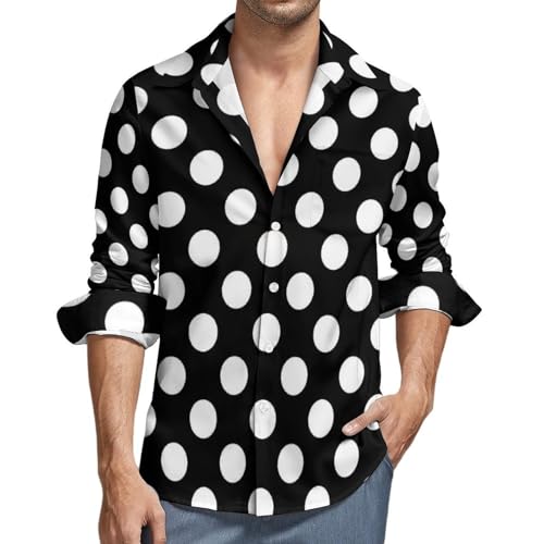 Black White Polka Dots Print Mens Long Sleeve Button Down Shirts, Casual Men's Button Up Shirt with Pocket
