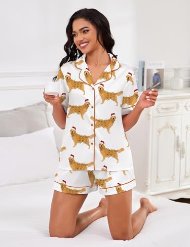 Image of SHESHOW Satin Pajamas for Women Set Preppy Animals Pjs Short Sleeve Shorts 2 Piece Loungewear Sets XS-XXL