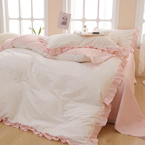 Image of VM VOUGEMARKET Pink Flower Duvet Cover Set Queen Romantic Girls Ruffle Lace Bedding Set Soft Cotton Girls Duvet Cover with 2 Pillow Shams