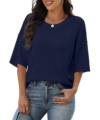 YSYOKOW Summer Sweaters for Women Lightweight Knit Short Sleeve Pullover Tops Casual Oversized Crewneck Sweater -Navy Blue, Medium — view 2