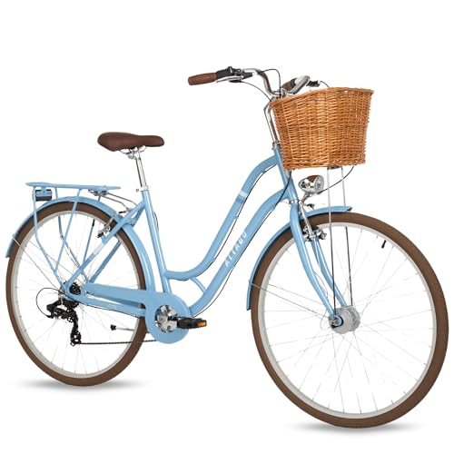 ATTABO City - Bicicleta de ciudad para mujer, marco de 19', ruedas de 28', Shimano de 7 velocidades, cesta de mimbre de 15 kg, portaequipajes, LED, guardabarros, cómoda y elegante