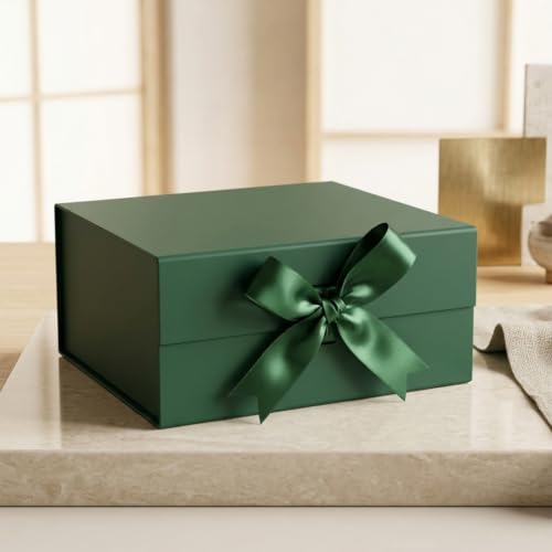 Image of Kura by Ekhasa Foldable Large Multipurpose Gift Hamper Box (21.5 x 21 x 9.5 cm) with Magnetic Closure & Ribbon | Green Rigid Cardboard Empty Reusable Packing Box | Birthday, Wedding & Festive Gifting