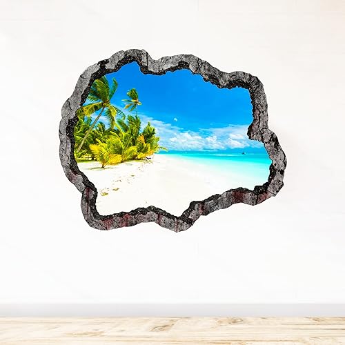 Sticker Trompe l’oeil Mur Brisé | Plage adhésifs Effet 3D | Stickers muraux Chambre enfant - Sticker Mural 3D - Vue panoramique - Adhesif Mural Trompe...
