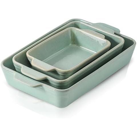 HVH 9x13 Baking Dish Set, Large Casserole Dishes for Oven, Ceramic Bakeware Set of 3, Baking Dishes for Casseroles 13 x 9, Rectangular Lasagne Pan Deep for Baking (Turquoise) Cover