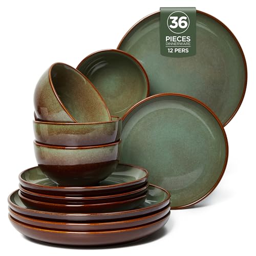 Image of Pokini Stoneware Dinnerware Sets Service for 12, 36 pcs Reactive Glaze Plates and Bowls Sets, Handmade Ceramic Dish Set, Highly Chip and Crack Resistant Modern Plate Set, Brown Green