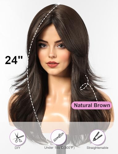 WOKESTAR Natural Long Wigs for Women with Fringe Synthetic Heat Resistant Hair Natural Brown Wig for Daily Party Cosplay Use - Image 4