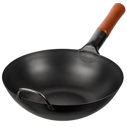 YOSUKATA Padella Wok In Acciaio Al Carbonio Da 30 Cm - Pre-Stagionata - Fondo Piatto - Per Friggere, Barbecue, Grill E Campeggio - Pentole Tradizionali Giapponesi Cinesi - Compatibile Con Induzione