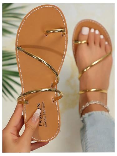 OYOANGLE Women's Metallic Strappy Toe Ring Sandals Open Toe Flat Slide On Thong Sandals3