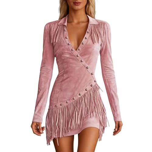 Robe d'été franges western et faux strass scintillants avec coupe moulante manches longues