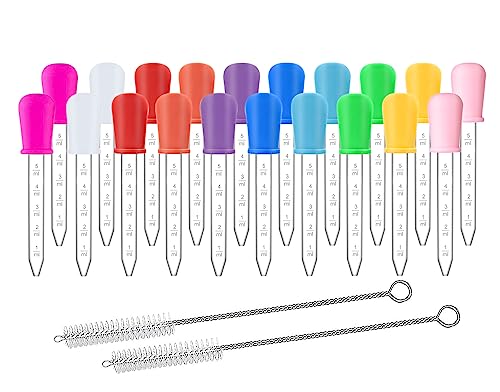 20 cuentagotas líquidos con 2 cepillos limpios, pipetas de silicona transparente de 5 ml con punta de bombilla para moldes de dulces para niños, oso de goma, ciencia del aceite, proyectos de
