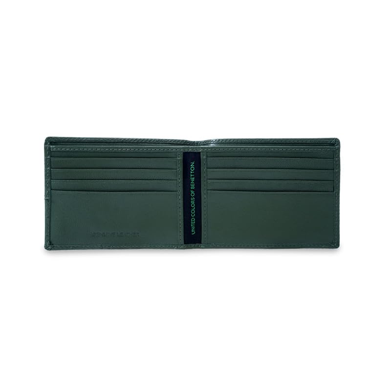 Image of United Colors of Benetton Men's Leather Wallet Louth - Olive | Slimfold Wallet with RFID Protection, Multiple Card Slots | Coin Pocket | Bi-Fold Purse for Men | Ideal for Gifting