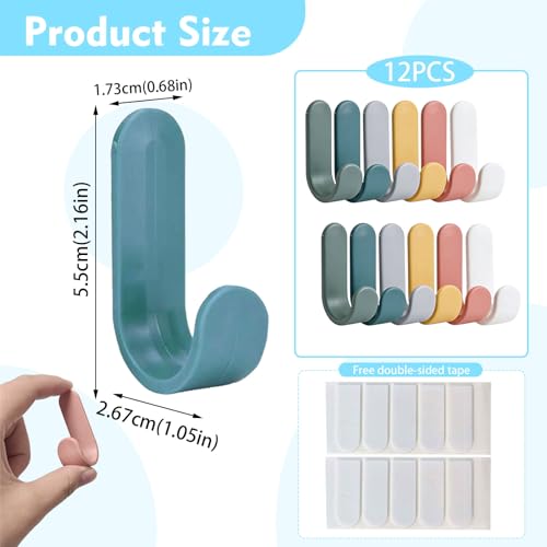 Zerabidpro 12 Stück Bunte haken selbstklebend Wandhaken - Multifunktionale Kleiderhaken für Küche, Bad, Büro und Kinderzimmer, Stark Haftende Handtuchhaken ohne Bohren, Belastbar bis 1kg