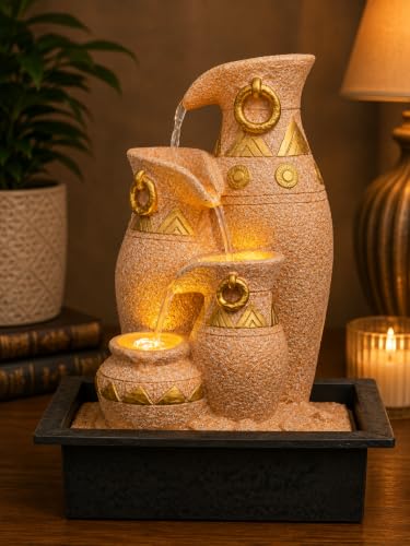 CHRONIKLE Polyresin Sand & Golden Designer Table Top Jug Style Indoor 3 Steps Home Decor Water Fountain with Yellow LED Light & Water Flow Controller Pump (Size: 40 x 29.5 x 22CM | Weight: 2095grm)