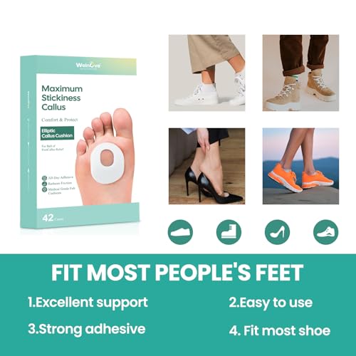 Image of Welnove 42Pcs Callus Pad with Water-Resistant Self-Stick Adhesive, Protects Foot, Heel and Toes from Rubbing and Friction,Oval Shape Design,Reduce Pressure and Friction from Shoes Rubbing-White