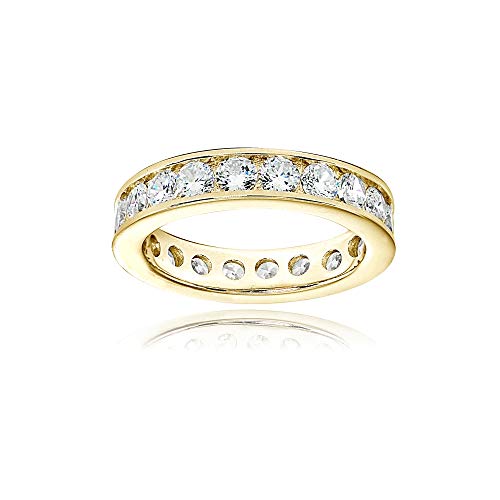 Yellow Gold Flashed Sterling Silver Cubic Zirconia Round 3mm Channel Set Polished Eternity Band Ring, Size 6