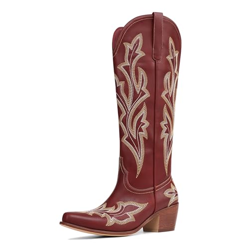 MUCCCUTE Cowboy Boots for Women Western Cowgirl Boots Knee High Pointed Toe Chunky Heels Embroidered Pull On Country Tall Boot