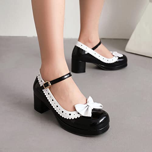 Elbslutt Women's Sweet Vintage Rockabilly Shoes Chunky Patent Leather Mary Janes Platform Ankle Strap Block Heel Pumps Cute Cosplay Shoes with Bow2