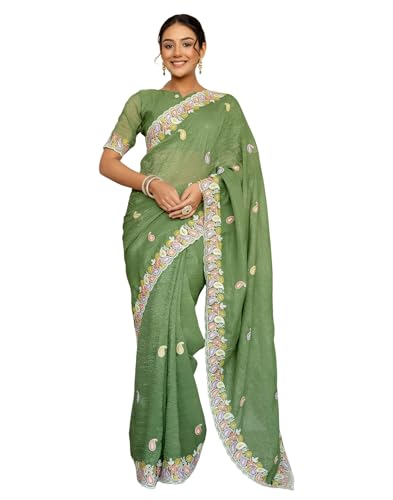 Image of SIRIL Women's Shimmer Chiffon Sequence Embroidery Saree With Unstitched Blouse Piece for Wedding and Parties