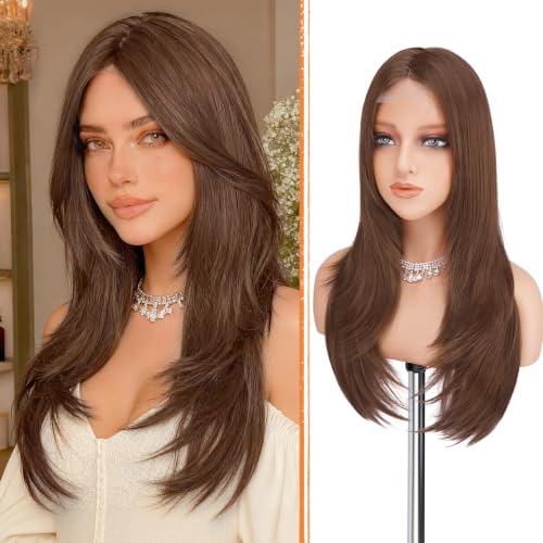 Haloo Brown Wig with Curtain Bangs - Lace Front Hairline Middle Part Long Layered Natural Looking Straight Synthetic Hair Wigs for Women Daily Party, 24 Inch Reddish Brown