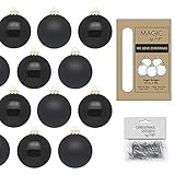 IngeGlas 12 mittelgroße Christbaumkugeln aus Glas - Durchmesser Ø 8,0 cm - Weihnachtskugeln für Tannenbaum - inkl. 100 Aufhänger … (Ebony Black - Schwarz matt / glänzend)
