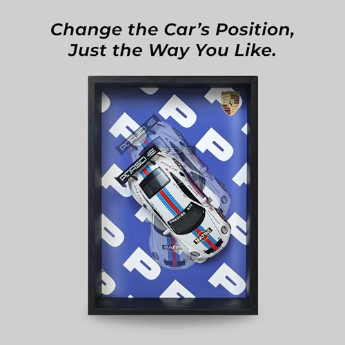 Image of CodersParadise - Porsche GT3 RS 3D Car Frame Wall Art | 1:32 Die-Cast Metal Model Car with Red & Blue Racing Stripes | Wooden Display Frame, Detachable Miniature, Interchangeable Posters, Pull-Back Action, Lights & Opening Doors | Collectible Gift for Cars Lovers