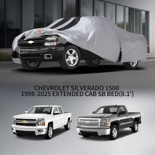 Image of Chevrolet Silverado 1500 Truck Cover Custom Fit 1998-2026 Extended Cab Short Bed(8.1') With Door Zipper, 10 Layers Pickup Truck Cover Waterproof All Weather, Car Tarp for Wind Dust Sun etc Protection.