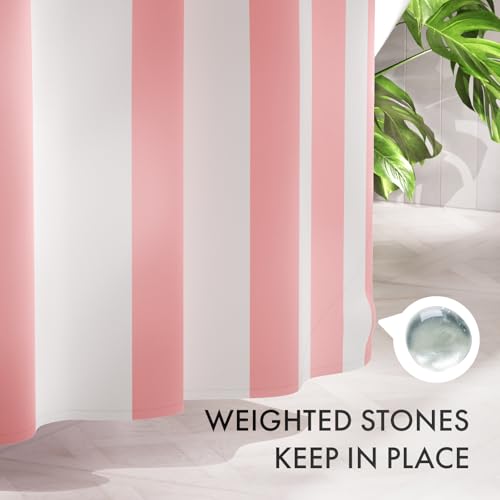 Image of AmazerBath Pink Vertical Stripes Shower Curtain, Cute Pink Stripe Bathroom Shower Curtain with 12 Shower Curtain Hooks, Rustic Fabric Pink and White, 72x72 Inches