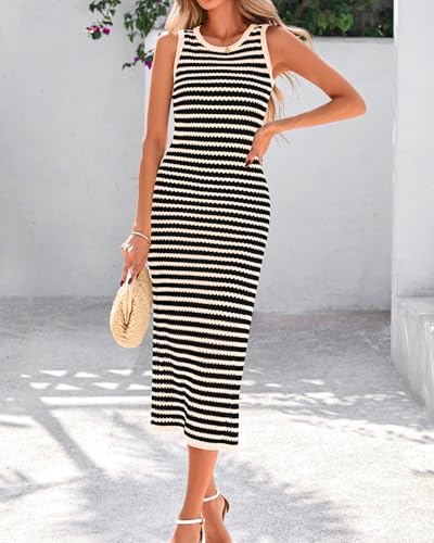Image of Zenlonr Women's Sleeveless Summer Dresses 2025 Casual Crochet Knit Sundress Striped Long Tank Dress Beach Slip Dress