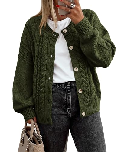 BTFBM Chunky Cardigan Sweaters for Women Fall Fashion 2025 Button Long Sleeve Loose Cable Knit Winter Coats Outerwear(Army Green, Medium)