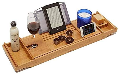 Bathtub Rack Bamboo Bath Tub Tray Bath Tray Bridge With Extending Sides Built In Book,Tablet Holder Cellphone Tray And Wineglass Holder Bathroom Trays (Color : Brown, Size : 75cm x 23cm) Bathroom bath