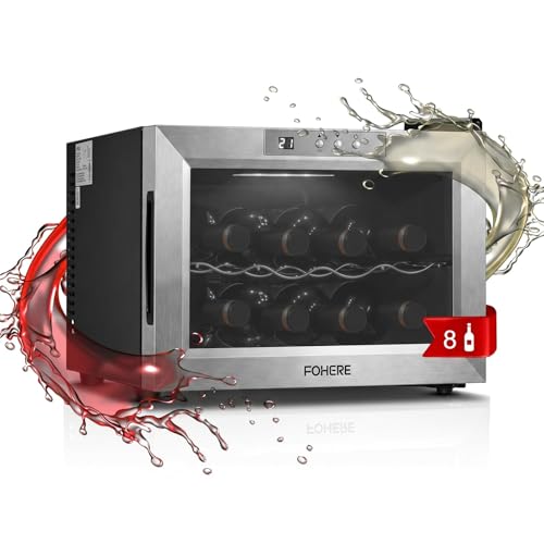 FOHERE 8 Bottles Small Wine Fridge, Countertop Wine Fridge with Double Glass Doors, LED Light, Digital Temperature Control, Wine Cellar for Bar, Home, Office, Stainless