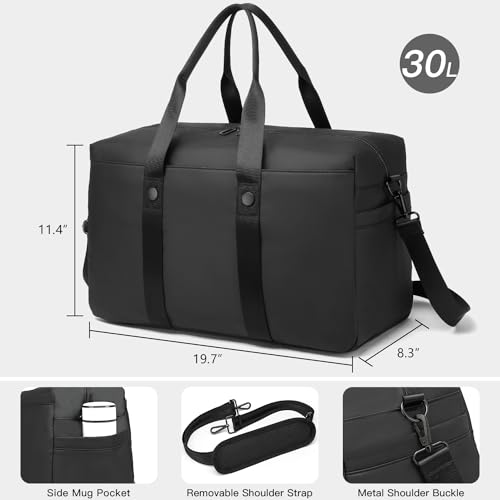 Leather Duffle Bag for Men, Weekender Overnight Bag for Women Carry On Travel duffel with Laptop Compartment & Wet Pocket Small Gym Tote for Sports, Business Trips, Traveling, PU Black, 30L4