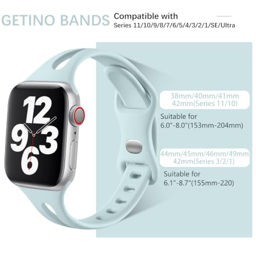 Image of Getino Compatible with Apple Watch Bands 40mm 38mm 41mm 42mm, iWatch Series 11 10 9 8 7 6 5 4 3 2 1 SE, Durable Soft Silicone Thin Slim Sport iWatch Band for Women, Black /Cyan /Starlight /Milk Tea