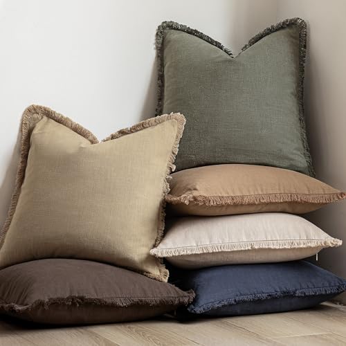 Image of Foindtower Set of 2 Decorative Linen Fringe Throw Pillow Covers Boho Farmhouse Cushion Cover with Tassels Soft Accent Pillowcase for Couch Sofa Bed Living Room Home Decor,18x18 Inch,Reddish Brown