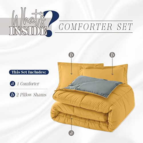 Image of Elegant Comfort 3-Piece Reversible Comforter Set, All Season Cozy, Soft Down Alternative, Quilted - Box Stitched - Duvet Insert with 4 Corner Tabs, Comforter with Shams, Full, Yellow /Gray